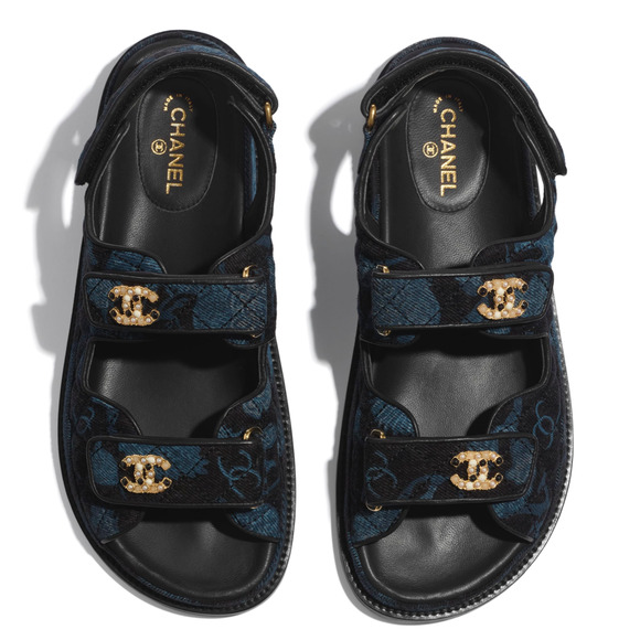 Chanel 21A Blue Black Grey Denim CC Logo Mule Slide Strap Flat Dad Sandal 37.5 - Picture 7 of 12